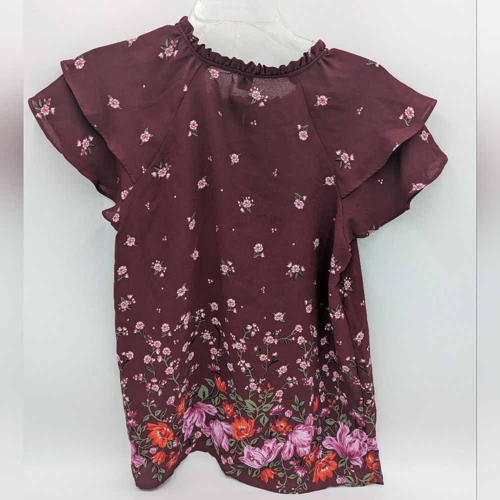Old Navy Floral Burgundy Blouse Medium Layered Short Sleeve Ruffle Neck Boho - Picture 2 of 9